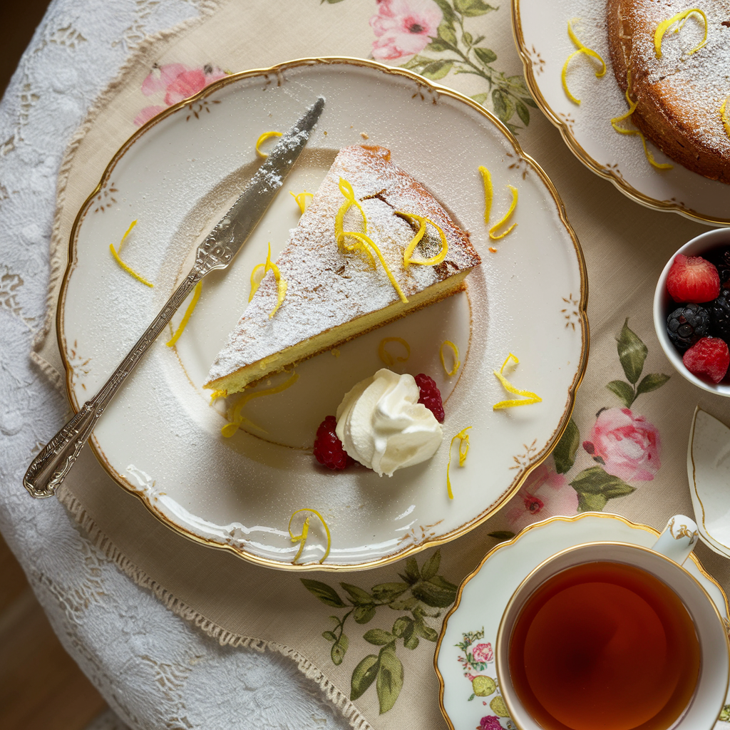 A slice of Limoncello Cake served with berries and cream on a floral tablecloth