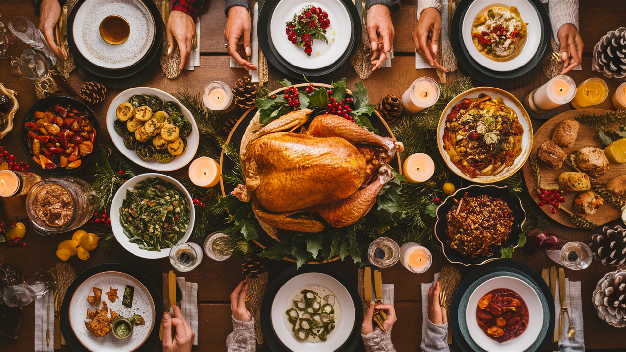 A warm and inviting holiday table setting with Whole Foods dishes and seasonal decorations.