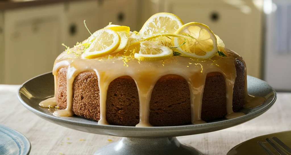 A fresh Limoncello Cake with lemon glaze and garnishes on a rustic table