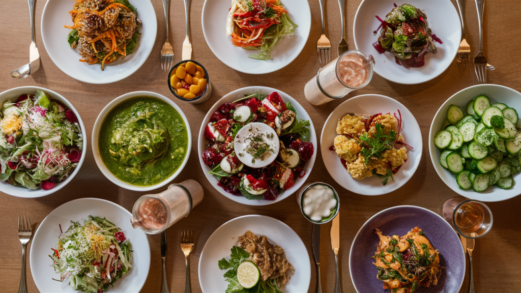 A table set with various international low carb dishes, showcasing dietary diversity.