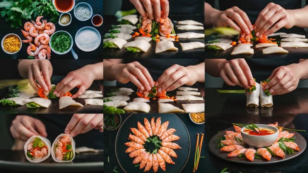 Step-by-step preparation of shrimp spring rolls, from filling to rolling