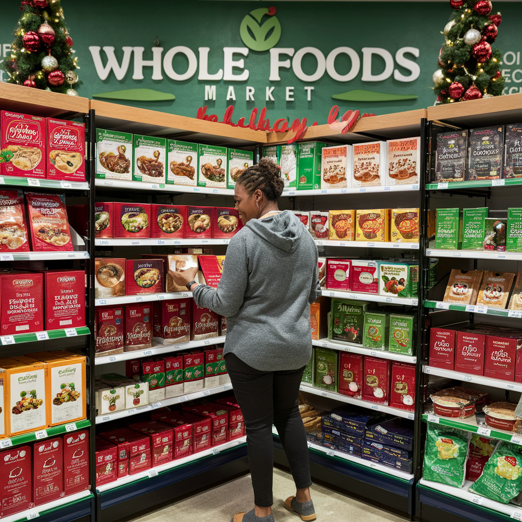 A customer browsing the holiday section at Whole Foods Market, filled with festive decorations and specialty holiday meals.