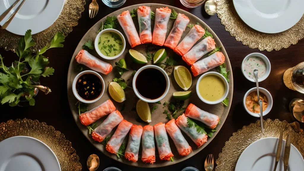 A platter of shrimp spring rolls served with multiple dipping sauces, garnished with lime and herbs