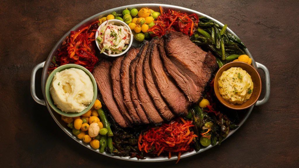 Platter of brisket with mashed potatoes, green vegetables, and coleslaw, showcasing ideal meal presentation