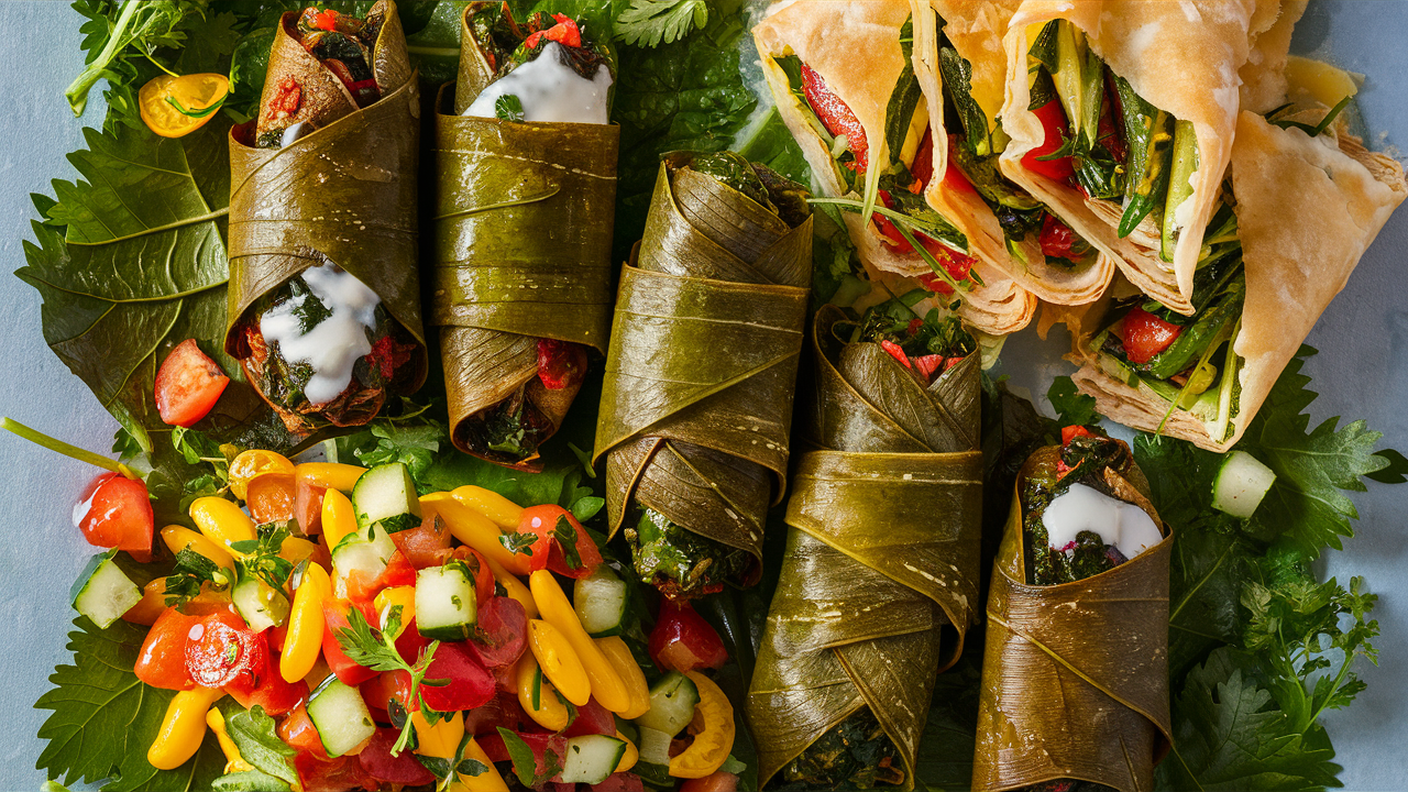 Vegan and gluten-free Greek side dishes, including vegan dolmades, gluten-free spanakopita, and a bean salad.