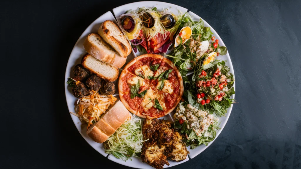 A platter of pizza side dishes including garlic bread, salads, and stuffed mushrooms
