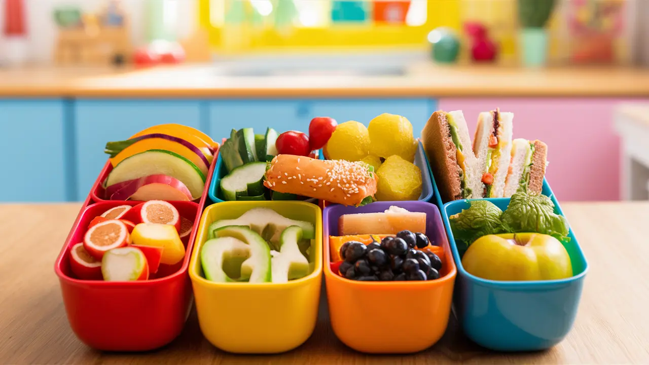 A child and parent happily preparing a lunch box together in a bright kitchen.