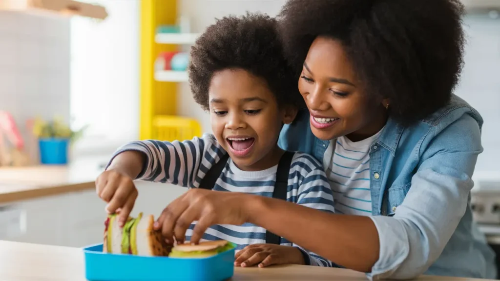 A vibrant and healthy kid-friendly lunch box filled with fruits, veggies, and sandwiches in a cheerful kitchen.