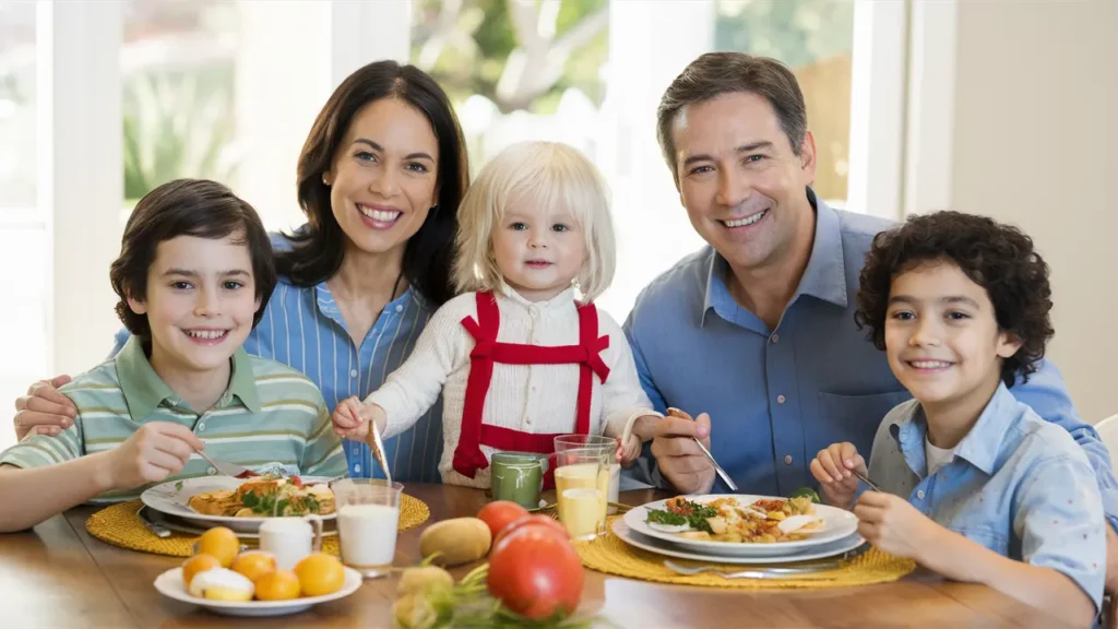 A happy family engaging in meal planning enjoys dinner together at home