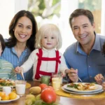 A happy family engaging in meal planning enjoys dinner together at home