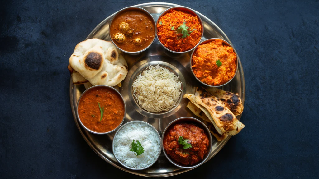 A selection of Indian breads and aromatic basmati rice served on a traditional platter.