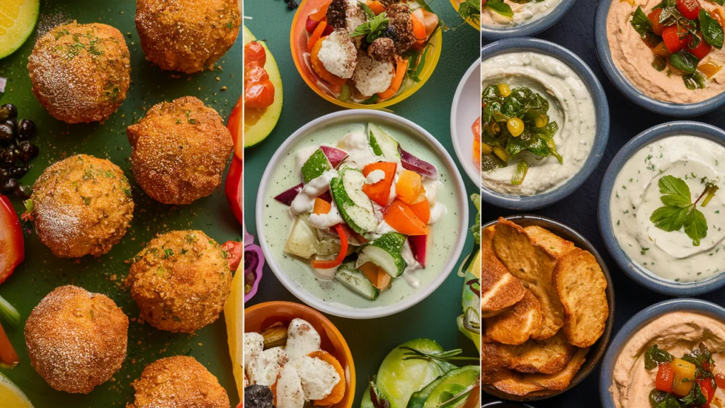 International side dishes for pizza including Italian arancini, Greek tzatziki, and Middle Eastern hummus