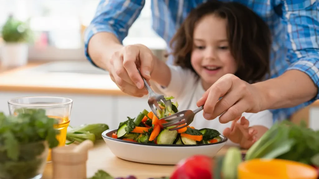Child happily helping an adult prepare a healthy meal in a sunny kitchen.