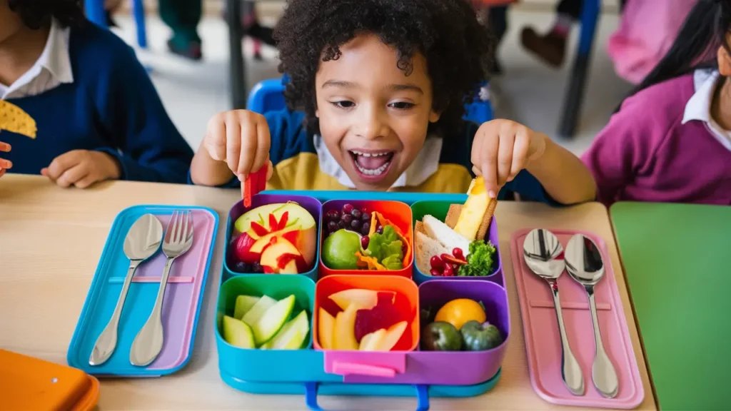 A happy child at a school table opening a vibrant lunch box filled with fun, healthy food options.