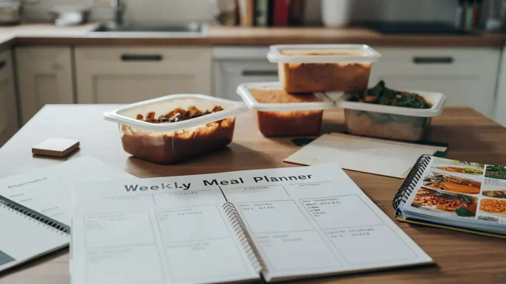 A well-organized meal planning system with a weekly planner and pre-prepared meals in a kitchen.