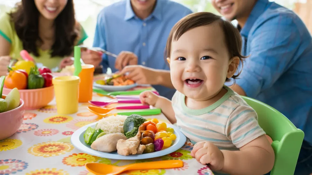 A toddler happily eating a nutritious and colorful dinner