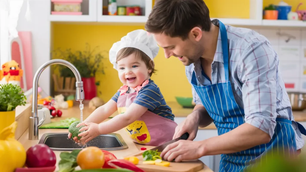 Toddler and parent preparing dinner together in a colorful kitchen.