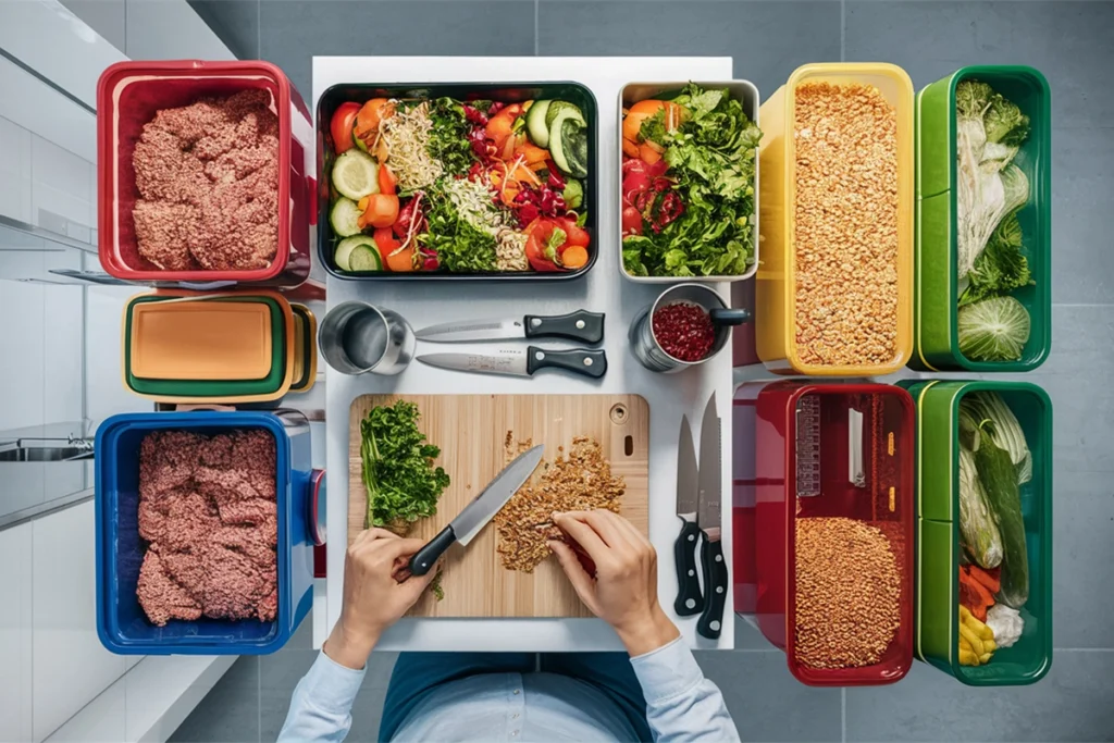 Overhead shot of ground turkey meal prep setup with containers, vegetables, and kitchen tools.