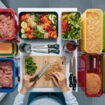 Overhead shot of ground turkey meal prep setup with containers, vegetables, and kitchen tools.