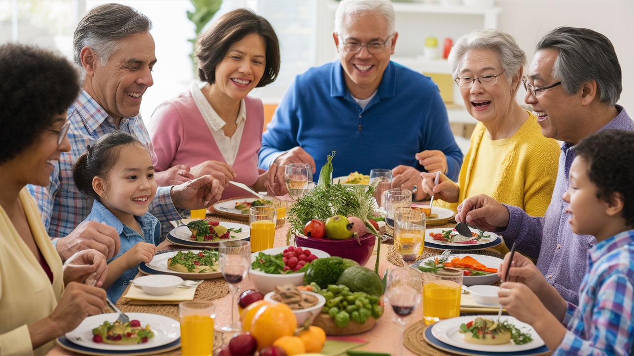 A happy family enjoying a meal together at a dining table with a variety of healthy dishes spread out.