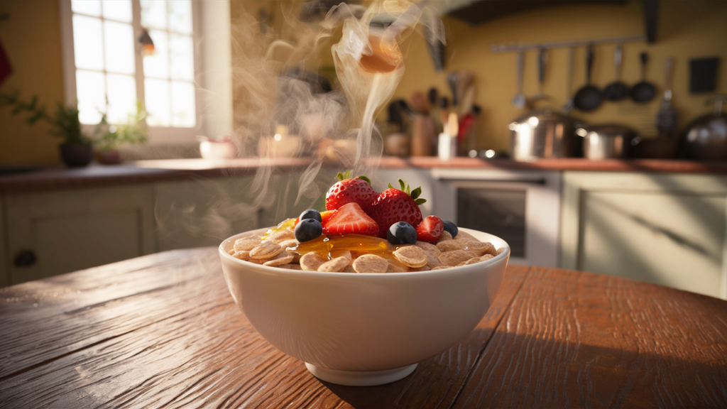 A bowl of hot Malt O Meal cereal topped with fresh strawberries, blueberries, and honey.