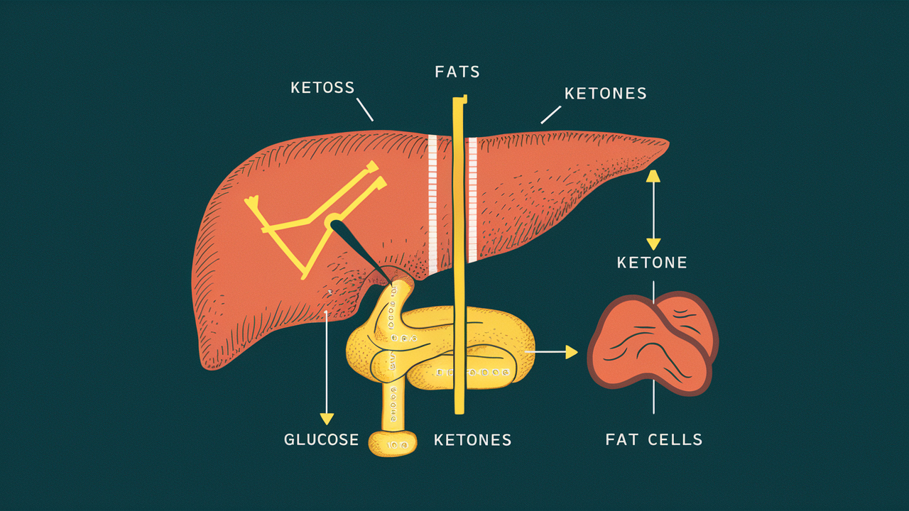 Diagram of the ketosis process showing fat conversion to ketones in the liver