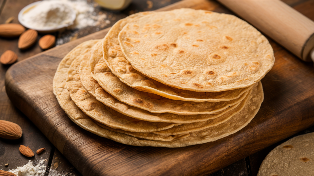 Close-up of zero carb tortillas on a wooden cutting board with ingredients in the background.