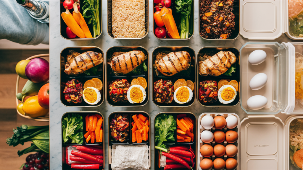 An overhead view of a kitchen counter with high protein meal prep containers filled with chicken, quinoa, and vegetables.