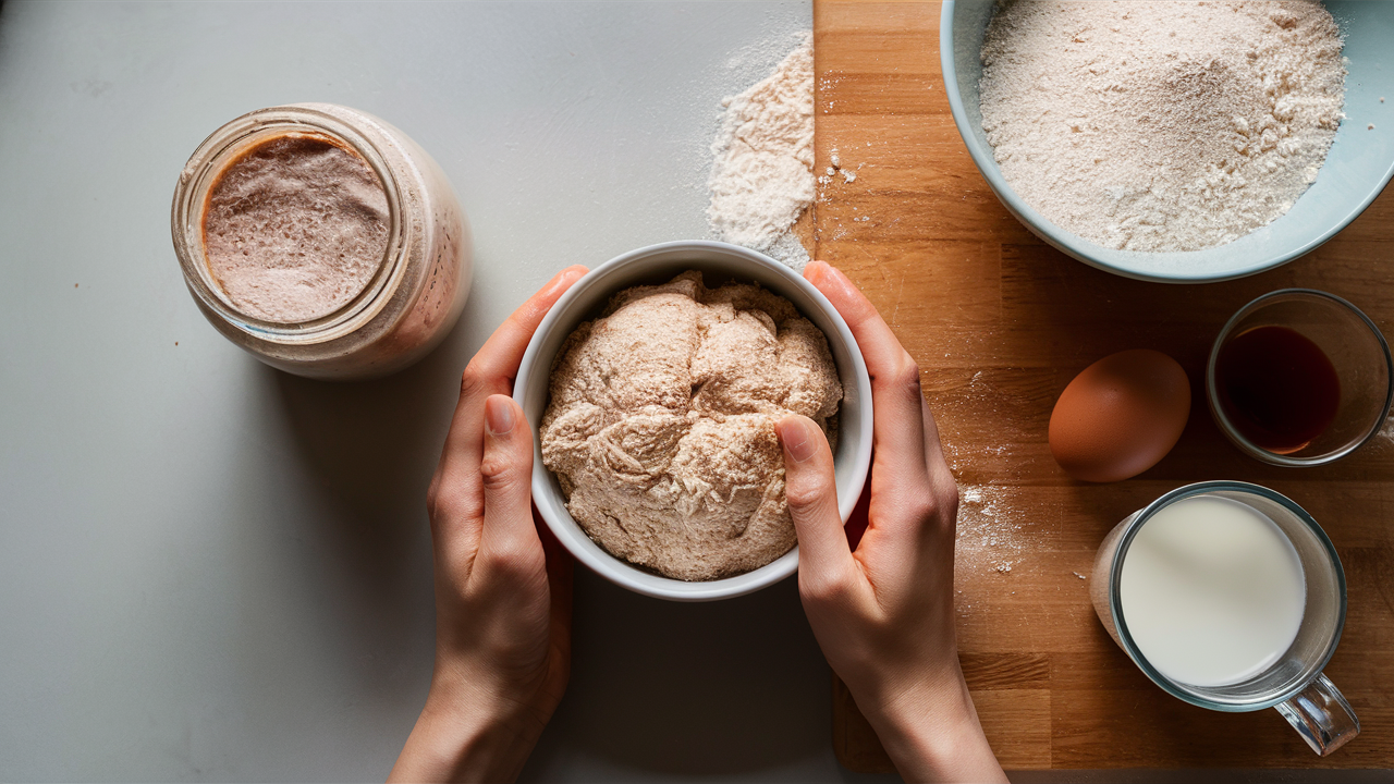 Overhead view of a kitchen counter with a jar of sourdough starter, a bowl of sourdough discard, and baking ingredients.