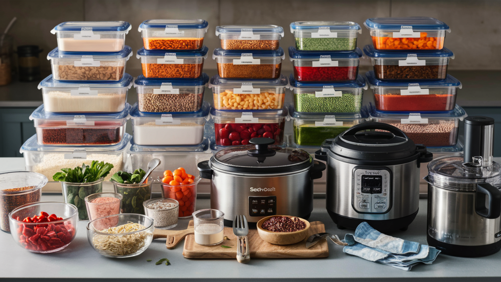 A kitchen counter with essential meal prep tools, including glass and plastic containers, a slow cooker, an instant pot, a food processor, and labels.