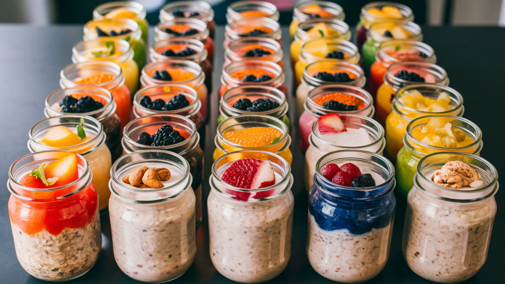 ars of overnight oats with various fruit and nut toppings.