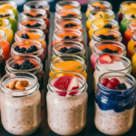 ars of overnight oats with various fruit and nut toppings.