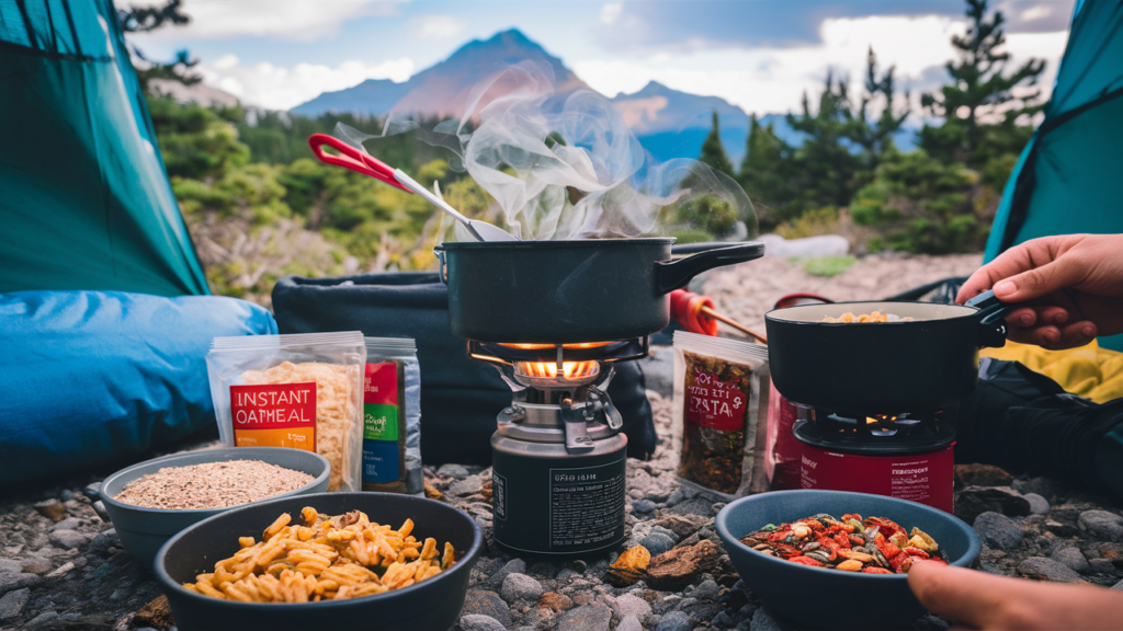 Hiker preparing backpacking meals over a portable stove with a mountain backdrop.