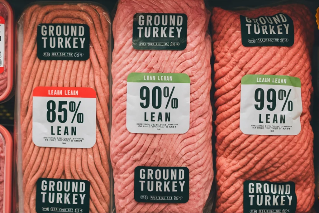 Close-up of different packages of ground turkey with various lean percentages on a grocery store shelf.