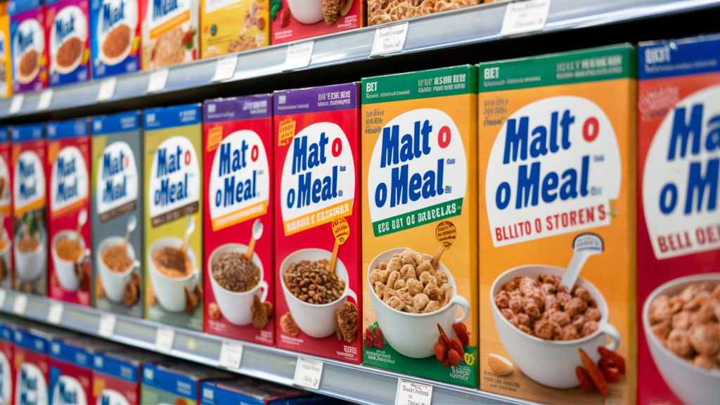 Different flavors and types of Malt O Meal cereals on a supermarket shelf.
