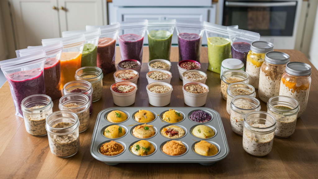 Prepped breakfast items including smoothie packs, jars of overnight oats, and a tray of egg muffins on a kitchen table.