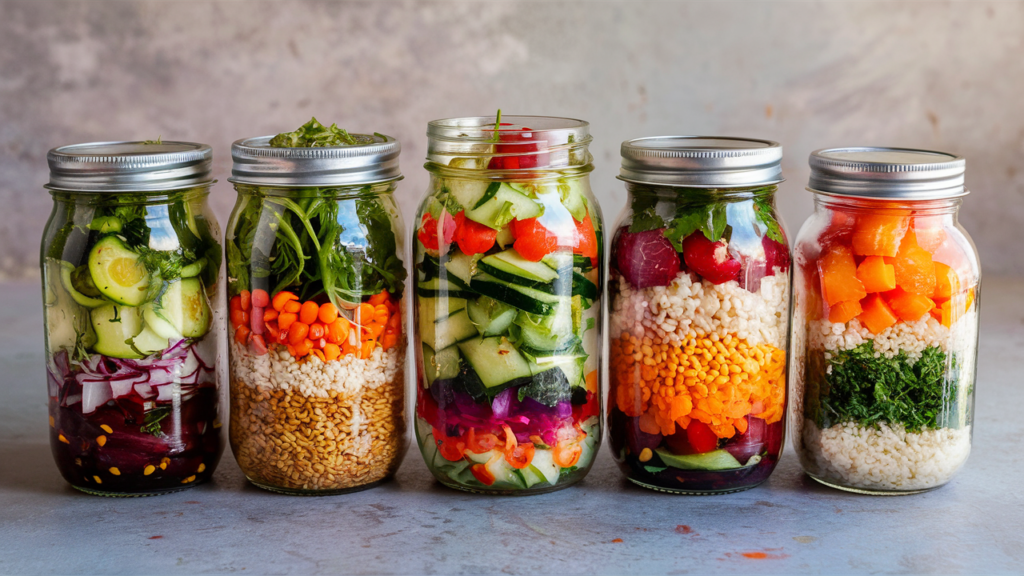 Assorted salad jars and grain bowls for meal prep.