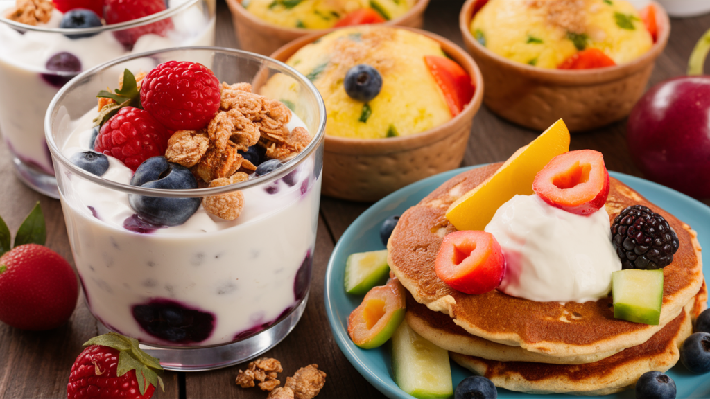 A close-up image of a breakfast spread with Greek yogurt parfait, egg muffins, and a protein pancake with fruit.