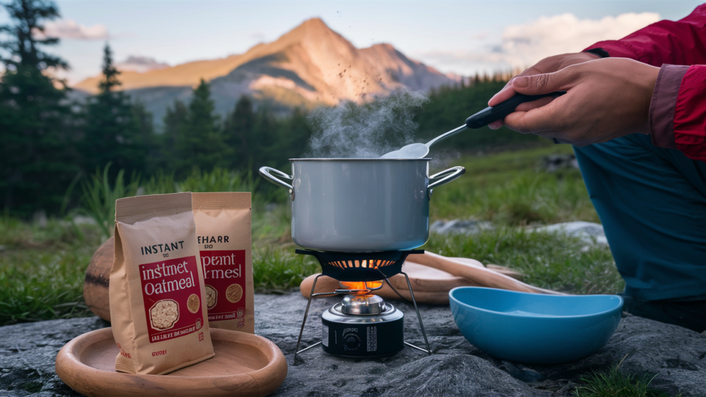 Hiker preparing breakfast with instant oatmeal over a portable stove in the mountains.