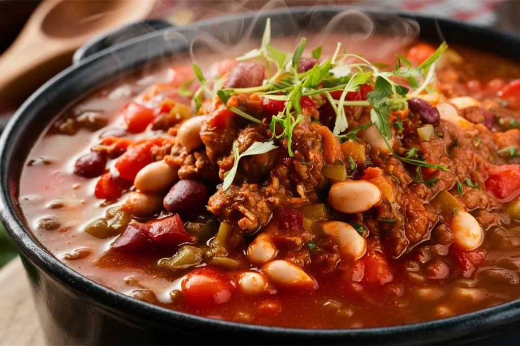 Vibrant ground turkey chili in a pot garnished with fresh herbs, showcasing beans, tomatoes, and ground turkey.