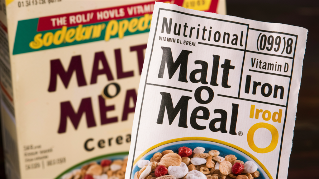 Nutritional label of a Malt O Meal cereal box highlighting vitamins and minerals.