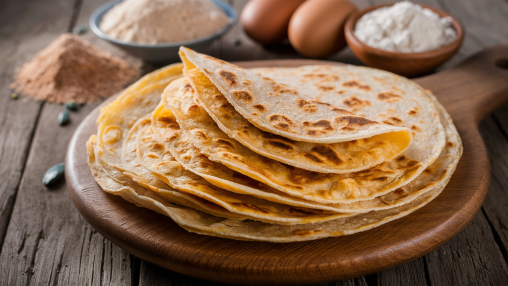 Close-up photo of homemade low carb tortillas on a wooden table with ingredients