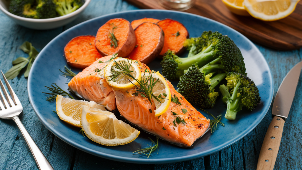 A dinner plate with baked salmon, roasted sweet potatoes, and steamed broccoli.