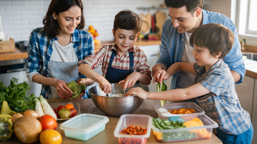 A family working together in the kitchen on meal prep activities, with fresh produce and prepped meals on the counter.