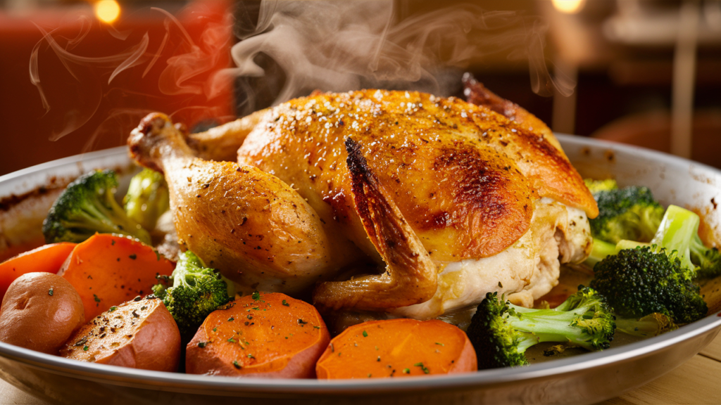 Roasted chicken, sweet potatoes, and broccoli on a single sheet pan.