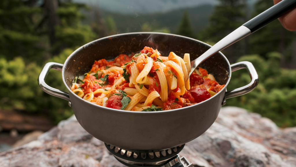 One-pot dinner with pasta, dehydrated vegetables, and tomato sauce cooking on a camping stove in a forest.