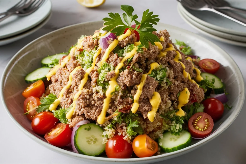 Bowl of ground turkey and quinoa salad with cherry tomatoes, cucumbers, red onions, and fresh parsley drizzled with lemon vinaigrette.