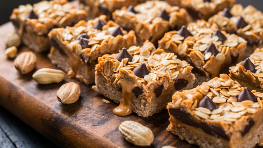 A close-up image of homemade peanut butter protein bars on a wooden cutting board, sprinkled with oats and chocolate chips.