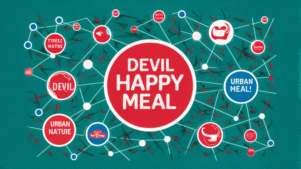 Conceptual image of the spread of the Devil Happy Meal myth across the internet.