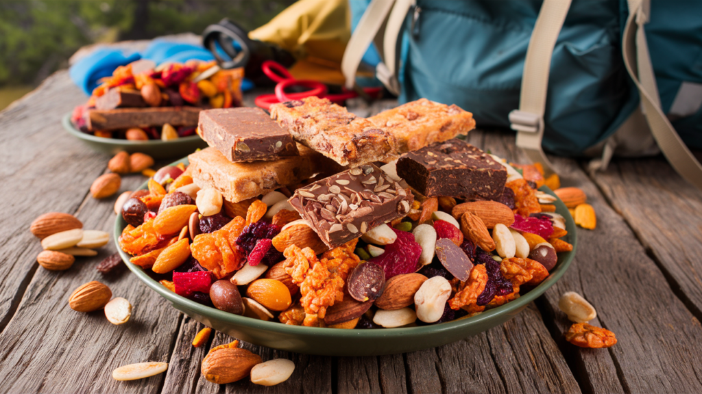 Assorted homemade trail mix and energy bars on a wooden table, ready for packing.